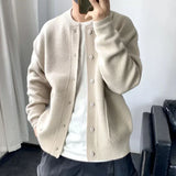 FOESCE Man Clothes Round Collar Plain Knitted Sweaters for Men Crewneck Solid Color Cardigan Green Black Japanese Harajuku Fashion Neck