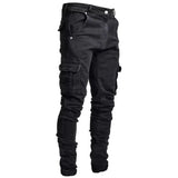 FOESCE Men Street Elastic Denim Jeans Wash Solid Color Multi Pockets Cargo Pants Casual Slim Fit Daily Wear Joggers Mid Waist Trousers