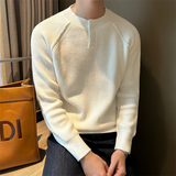 FOESCE Korean 2025 Autumn Winter Men's New Spliced Pullover O-Neck Button Screw Thread Fashion Solid Casual Knitted Long Sleeved Tops