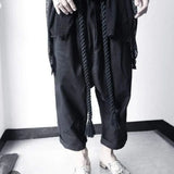 FOESCE Men Summer Black Linen Harem Pants Nightclub Stage Baggy Trousers With Rope Belt Mens Gothic Punk Hip Hop Joggers Street Wear