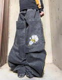 Foesce Retro American High Street Embroidered Jeans Black Baggy Patchwork Y2K Goth Men Denim Pants Fashion Hip Hop Wide-leg Jeans Women