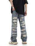 FOESCE 2025 American style high street washed personalized torn hole cut straight tube loose fitting jeans, versatile for men and women