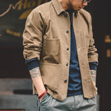 FOESCE Maden Vintage Khaki Jackets for Men Loose Cotton Solid Chore Coat Amekaji Cargo Casual Jacket Man Clothing