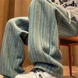 FOESCE 2025 New Men's Striped Woolen Straight Leg Trousers Classic Y2K Vintage Baggy Pants Casual High Street Fashion Gym Sweatpants