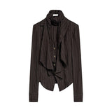 FOESCE Autumn Winter Women French Fashion Old Money Long Sleeve Striped Design Shirts With Scarf 2000s Aesthetic Blouses Elegant Korean