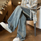 FOESCE Men Denim Pants Elastic waist pull rope Straight Droop Vintage Loose Bottom Straight Wide Leg Casual Male Trousers Korean Style