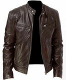 FOESCE Men's Faux Leather Jacket Autumn Fashion Solid Color Zipper Motorcycle Jacket Men's Casual Long Sleeve Zipper Button Jacket