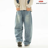 FOESCE HANLU 2025 Spring New! Men's Retro Washed Oversized Jeans, Split Structure Curved Trousers from Trendy Brand, Loose and Stylish