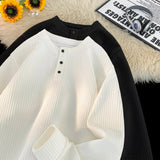 FOESCE Spring 2025 NEW Mens Long Sleeve T Shirts Casual Round Neck Tees Button design White Black Undershirts Loose Fit Tshirts