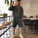 FOESCE Men Cotton Shorts Thick 380g Bodybuilding Short Sweatpants Fitness Jogger Gym Men Kanye Grey West Shorts Black Zipper Pockets