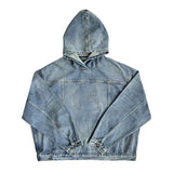 FOESCE Mens Autumn Winter Fashion Denim Washed Distressed Retro Hoodie Genderless Street Fashion Casual Loose Denim Sweatshirt Unisex