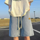 FOESCE Men Basic Loose Outdoor Sports Casual Shorts Male Daily Knee Lenght Denim Short Pants Straight Wide Leg Wash Summer Short Jeans