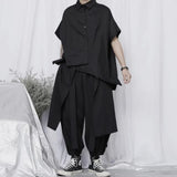 FOESCE Mens Double Layer Irregular Skirts Genderless Retro Sports Fitness Solid Color Streetwear Loose Wide Leg Cargo Pants Unisex