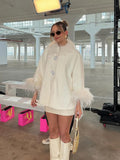 FOESCE Elegant Feather Collar Cape Coats For Women Casual Solid Single Breasted Jackets Lady Autumn Chic Loose High Street Outwear Tops