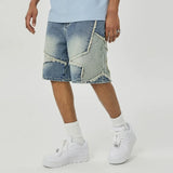 FOESCE High Street Washed Stars Patchwork Baggy Jeans Shorts for Men Wide Leg Straight Casual Denim Five Point Pants Oversized