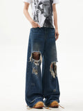 FOESCE American style distressed and distressed design, floor mopping jeans for men and women, loose high street straight leg casual
