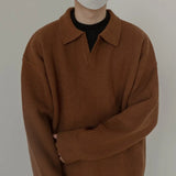 Autumn and Winter Korean Retro V-neck Sweater Pullover Polo Lapel Loose Inner Layered Knit Sweater for Men Trend