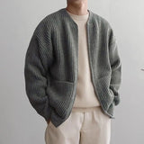 FOESCE Spring Autumn Men's Loose Sweater Knitted Zipper Medium Length Lazy Cardigan Solid High Street Casual O-neck Sweater Clothes