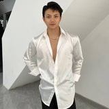 FOESCE Satin Latin Dance Shirts For Men Long Sleeves Practice Dance Clothes White/Black/Navy/Brown/Green Ballroom Dance Tops DNV17466