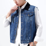 FOESCE Cotton Men's Lapel Sleeveless Denim Jacket Single Breasted Loose Vintage Vest Jacket Stylish Pocket Western Cowboy Style Male