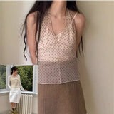 FOESCE Korean Ins Same Lace Wave Point Camisole Dress Womens Mesh Sleeveless Mid Length Cover Up Dress Summer New Y2K Girl Spicy Girls