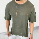 FOESCE 2025 Summer New Men's Solid Color Sweater Round Neck Short Sleeve Hollow-out Pullover Sweater Top Shirts