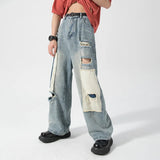 FOESCE 2025 Men's Hole Casual Jean Beggar Pants High Street wear Spliced Jeans Summer Trendy Worn Out Wide Leg Denim Pants streetwear