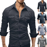 FOESCE Men'S Autumn Fashion Clothing Casual Fashion Long Sleeve Lapel Shirts Solid Color Denim Washed Shirt Men'S Tops