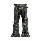 FOESCE Camouflage Coated Micro Flared Motorcycle Pants for Men Patchwork Baggy Jeans Ankle Zipper Boot Cut Oversized Denim Cargos