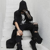 FOESCE Nightclub DJ Hooded Cardigan Punk Rock Hip Hop Long Shirt Black Hooded Cloak Men New Oversize Blouse Gothic Vintage Streetwear