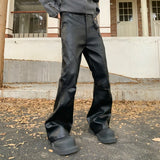 FOESCE New trendy loose straight black leather pants