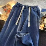 FOESCE Men's Denim Jeans High Street Sle Dstring Elastic Wide Leg Long Pants Loose Casual Straight Leg Trousers