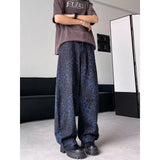 FOESCE American  handsome blue leopard print jeans for men denim men's design sense American hiphop high street pants Vibe trendy