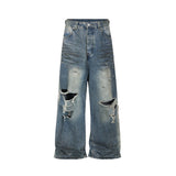 FOESCE Frayed Damaged Hole Baggy Wide Leg Jeans for Men and Women Streetwear Casual Ropa Hombre Denim Trousers Oversized Cargo Pants