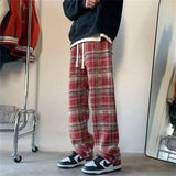 FOESCE New Men's Y2K Plaid Casual Baggy Trousers Autumn Korean Fashion Straight Woolen Pants Y2K Vintage Streetwear Pantalones Hombre