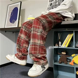 FOESCE New Men's Y2K Plaid Casual Baggy Trousers Autumn Korean Fashion Straight Woolen Pants Y2K Vintage Streetwear Pantalones Hombre