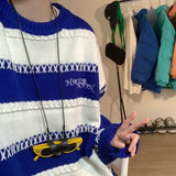 FOESCE Klein Blue Sweater men's design sense niche lazy wind couple Sweater autumn winter oversize STRIPE TOP men sweaters coat 2025