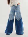 FOESCE Patchwork High Waist For Female Denim Pants Slimming Hit Color Wide-legged Colorblock Pocket Flares Trousers Fashion Streetwear