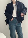 FOESCE FSMG Women's Casual Jacket,Autumn Korean Style Stand Collar, Comfortable Loose Fit Solid Color, Short Jacket with Drawstring Hem