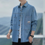 FOESCE Autumn Thin Denim Shirt Men's Long Sleeve Casual Fashion Versatile Light Blue Loose Solid Color Shirt