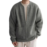 FOESCE Spring Autumn Men's Loose Sweater Knitted Zipper Medium Length Lazy Cardigan Solid High Street Casual O-neck Sweater Clothes