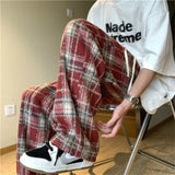 FOESCE New Men's Y2K Plaid Casual Baggy Trousers Autumn Korean Fashion Straight Woolen Pants Y2K Vintage Streetwear Pantalones Hombre