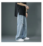 FOESCE Ripped Jeans Men Ins Trendy Straight Leg Loose Wide Leg Pants High Waist Floor Mopping Denim Pants Versatile Casual Pants Men's