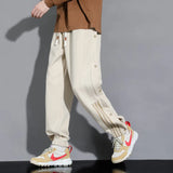 FOESCE Men's Spring Autumn Elastic High Waist Pockets Striped Button Drawstring Loose Casual Clothing Trousers Bloomers Vintage Pants