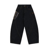 FOESCE Scottish Plaid Splicing Arc Wide Baggy Jeans Y2k Spring and Autumn New Streetwear Washed Oversized Straight Wide Leg Jeans 2025