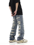 FOESCE 2025 American style high street washed personalized torn hole cut straight tube loose fitting jeans, versatile for men and women