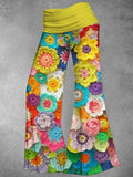 FOESCE Elegant Women's Loose High Waist Flared Pants Fashionable Colorful Floral Pattern Bohemian Style Digital Flower Print Trousers