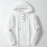 Men's Winter Knit Button-Down Jacquarded Hooded Sweater Long Sleeve Solid Color Knitwear Retro Leisure Drawstring Hoodie M-3XL