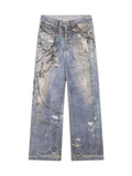 FOESCE New 3D Chain Printed Baggy Jeans For Men And Women Casual Baggy Straight Denim Pants High Street Wide-leg Y2K Blue Jean