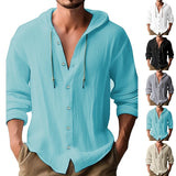FOESCE Summer Men's Linen Shirt Solid Streetwear Long Sleeve Hoodie Cardigan Clothing For Men Button Tops Casual Loose Men Hooded Shirt
